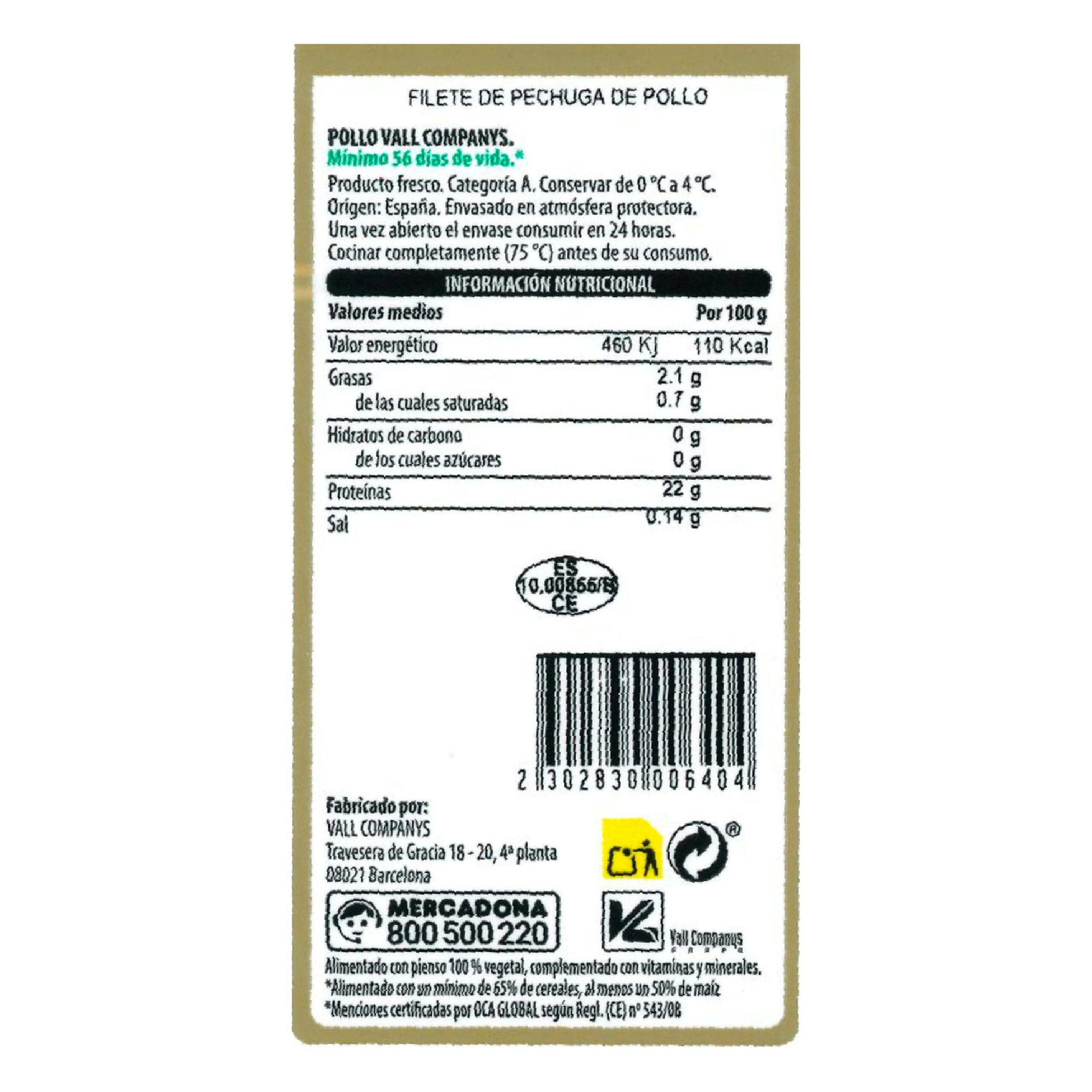 Etiqueta Solomillos de pollo certificado alimentado con un 50% de maíz